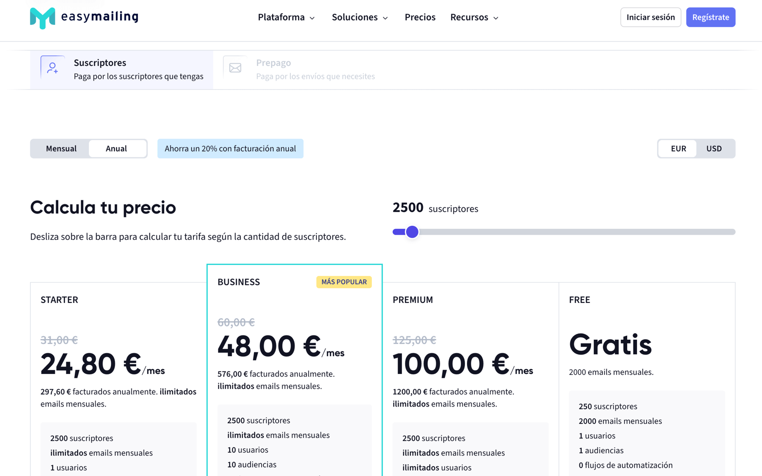 Los precios de Easymailing, programa de envío de newsletters para empresas
