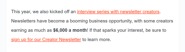 EmailTooltester email newsletter with these anchor texts: "interview series with newsletter creators" and "sign up for our Creator Newsletter"