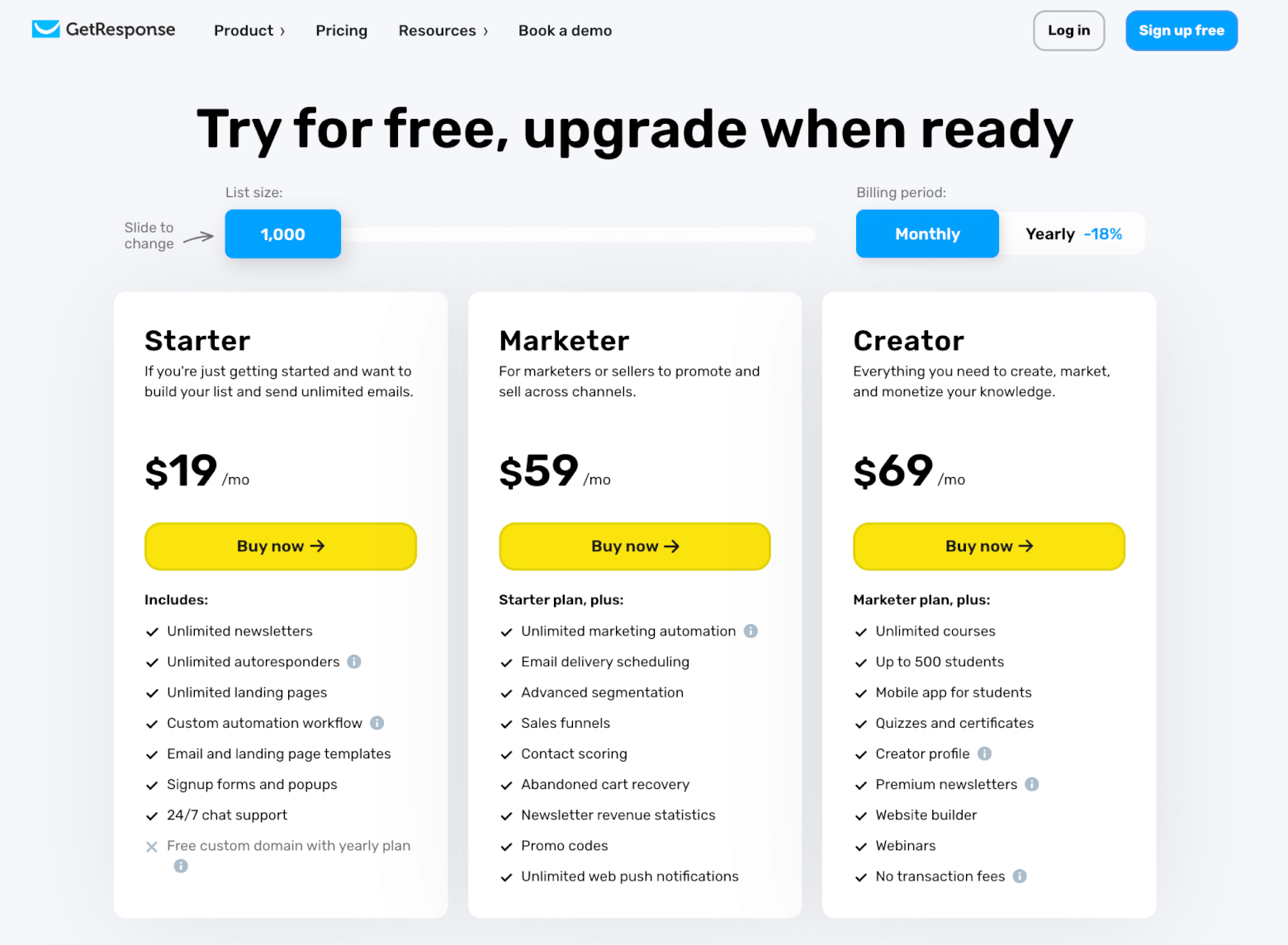 getresponse pricing table
