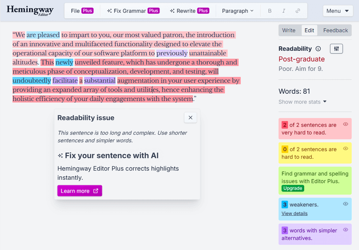 Hemingway Editor interface, highlighting portions of the "We are pleased to impart to you" text from above that could be improved upon
