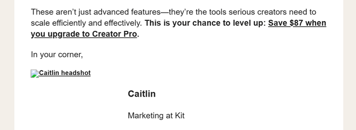 Kit marketing email whose email signature's image alt text is "Caitlin headshot"