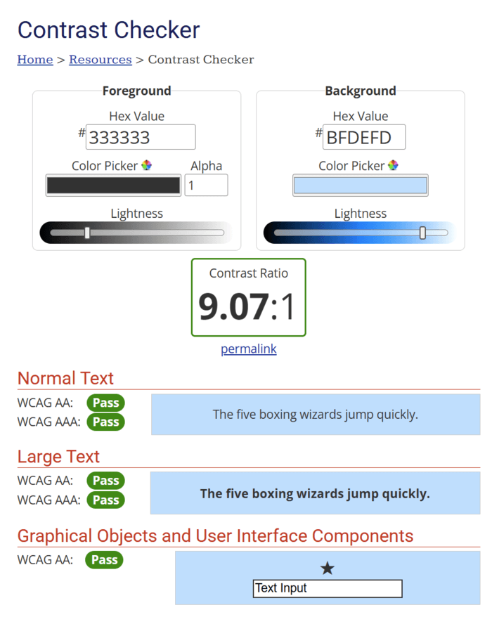 WebAim color contrast checker tool showing passing scores for WCAG levels AA and AAA for a foreground color of #333333 and a background color of #BFDEFD