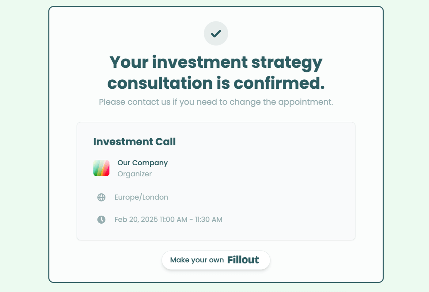Appointment booking page in Fillout quiz