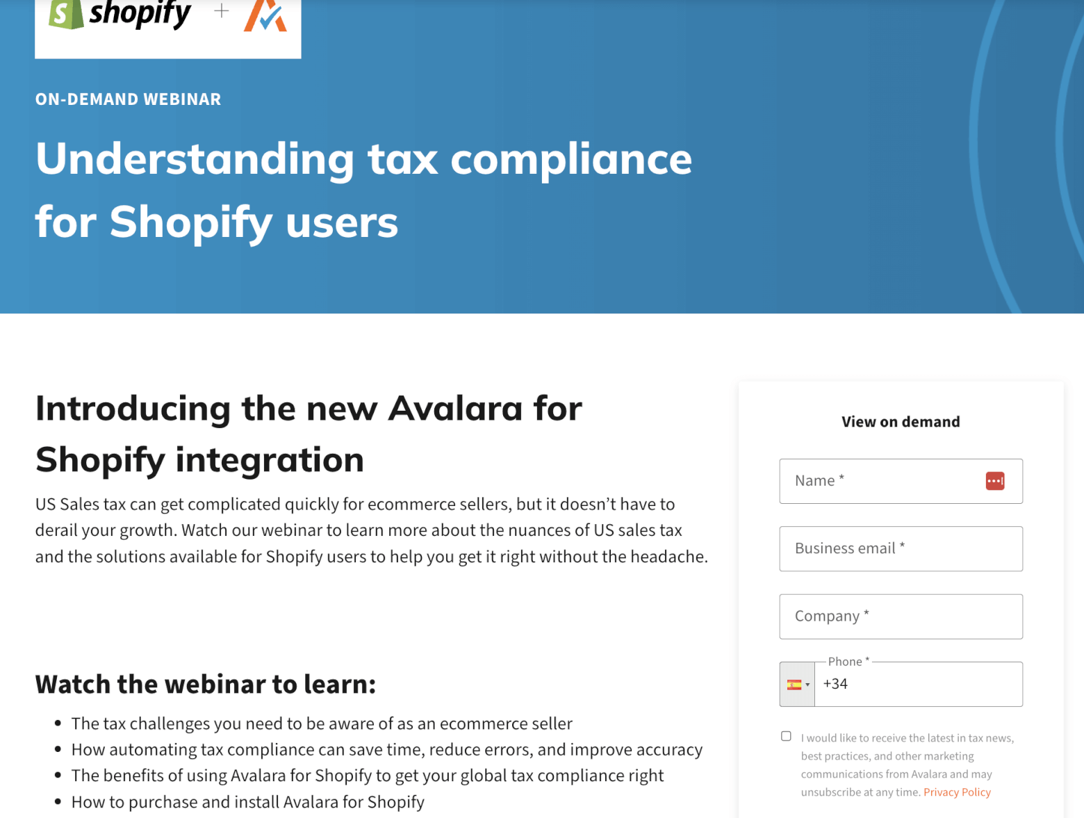 Avalara event registration landing page