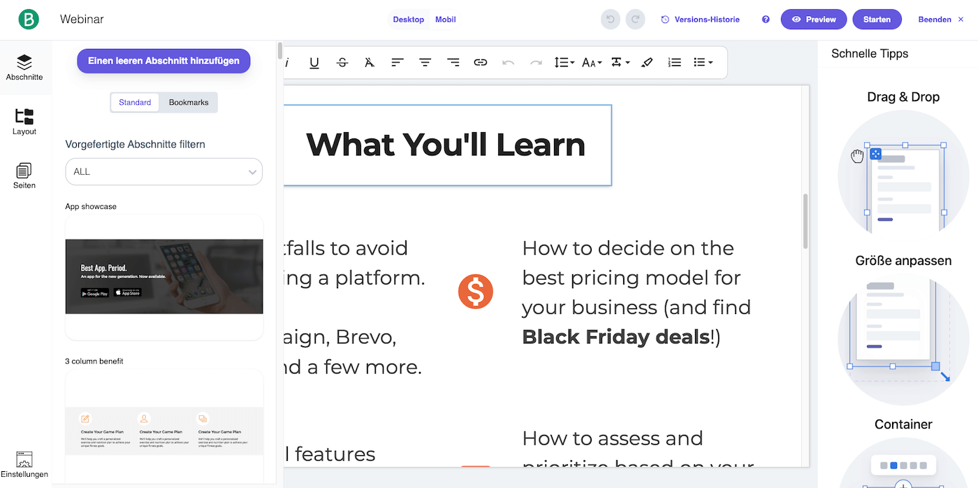 brevo landingpage editor