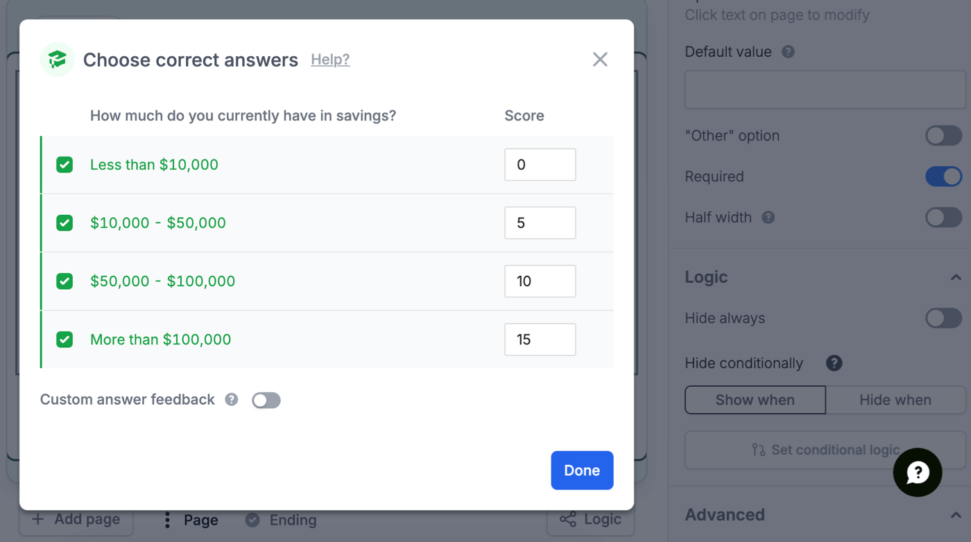 Configuring quiz answer scores in Fillout