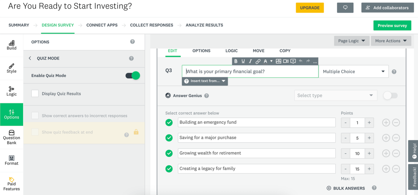Configuring quiz questions in SurveyMonkey