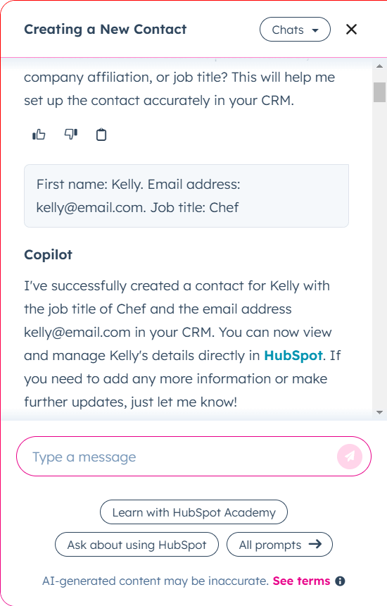 Creating a new contact in HubSpot Breeze Copilot