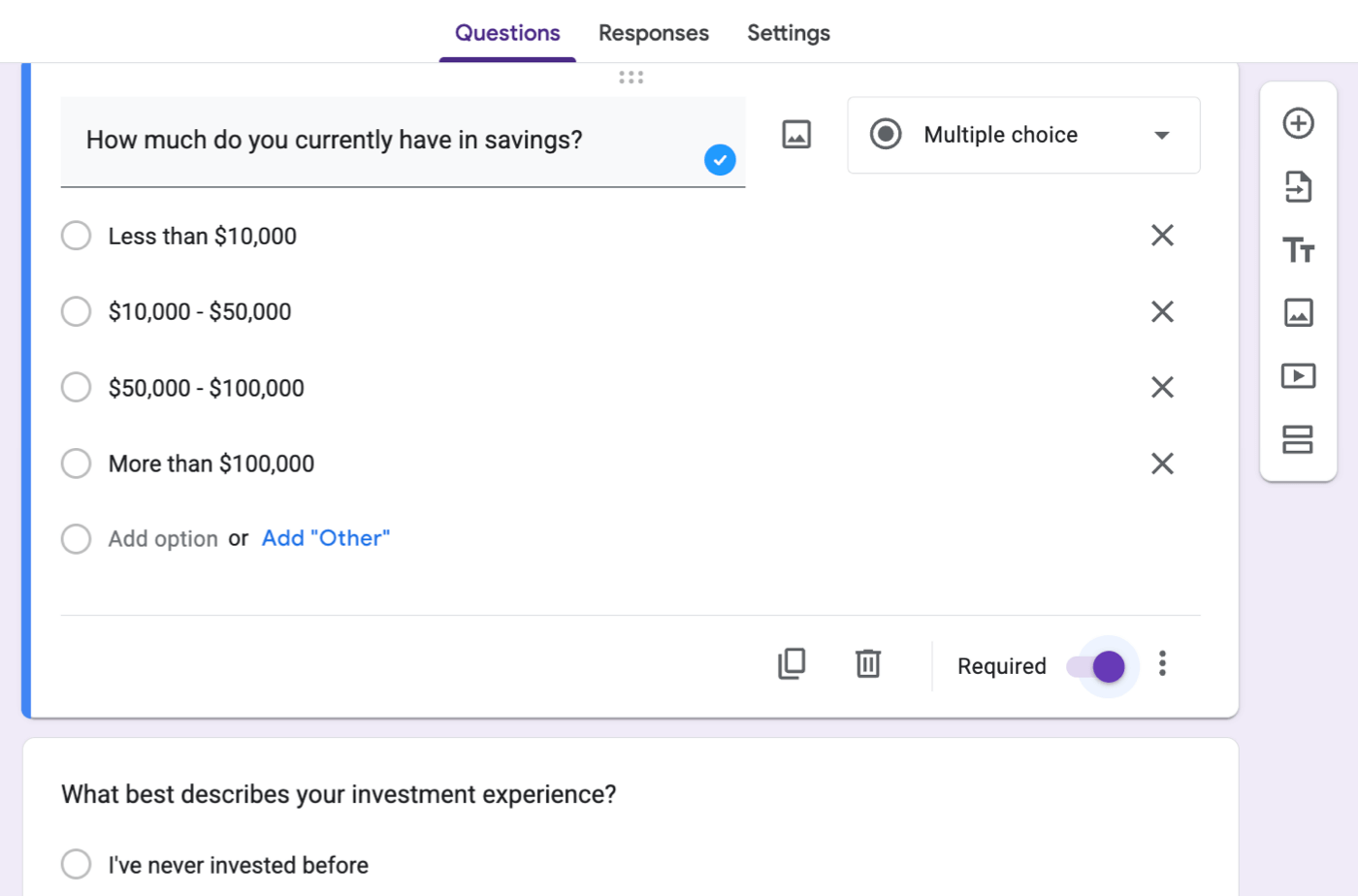 Creating quiz questions in Google Forms