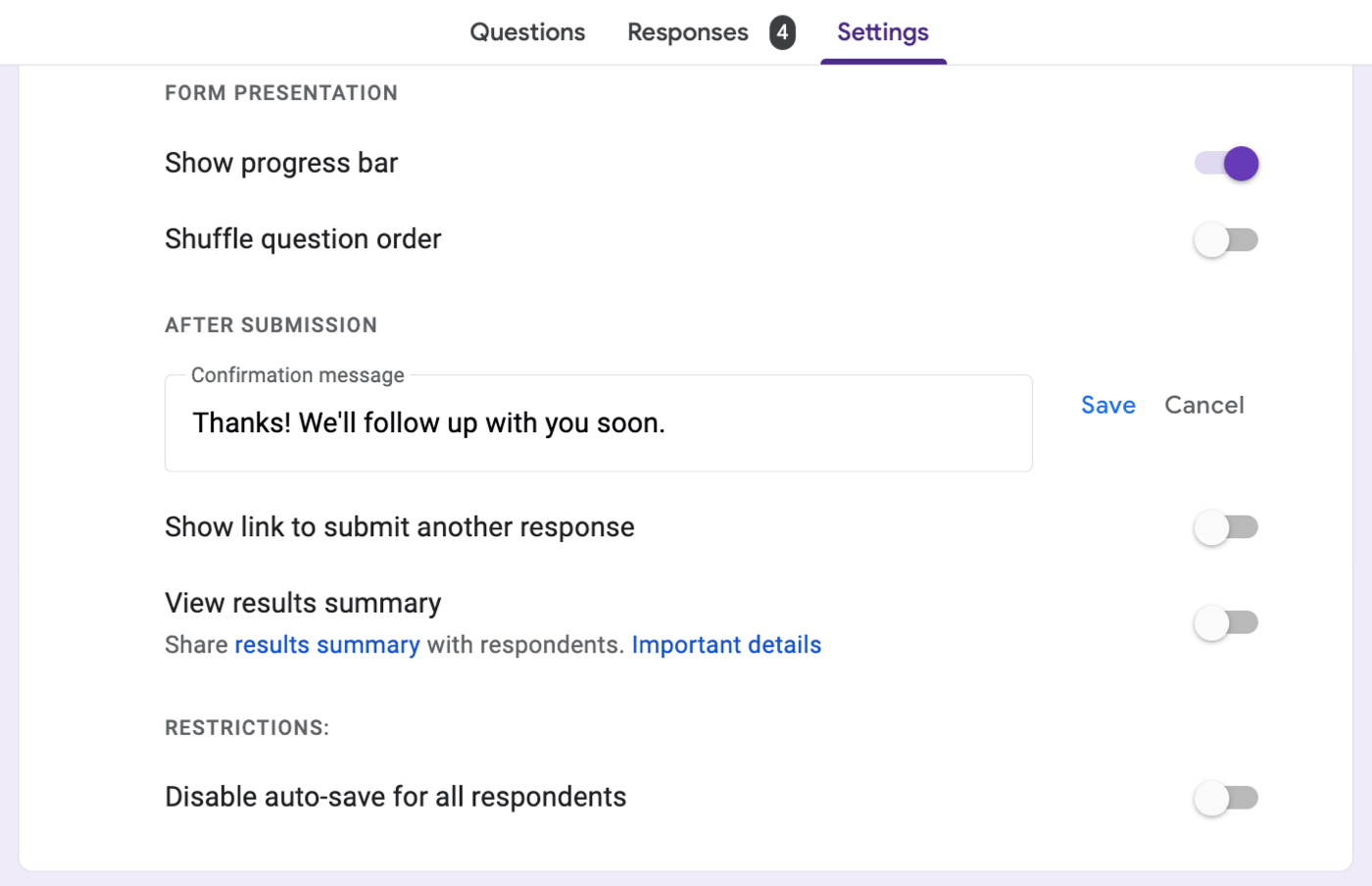 Google Forms settings