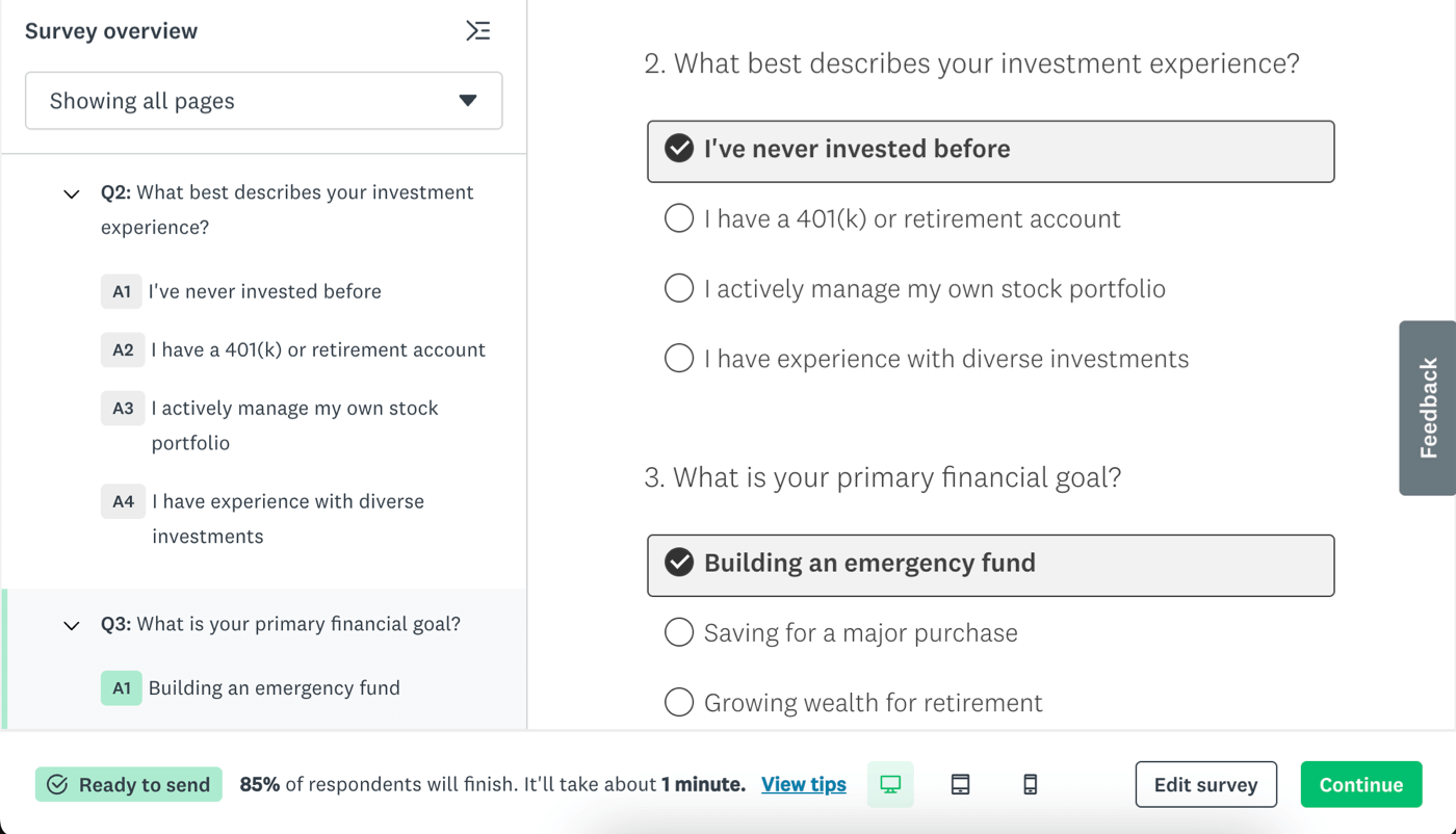 Previewing finished quiz in SurveyMonkey