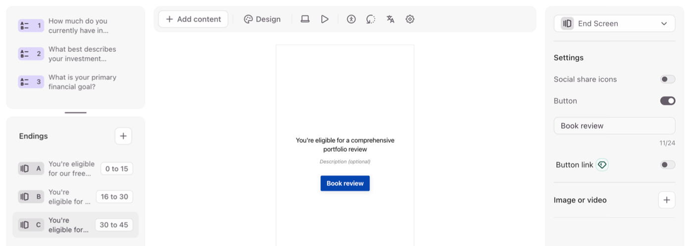 Setting up quiz questions and endings in Typeform