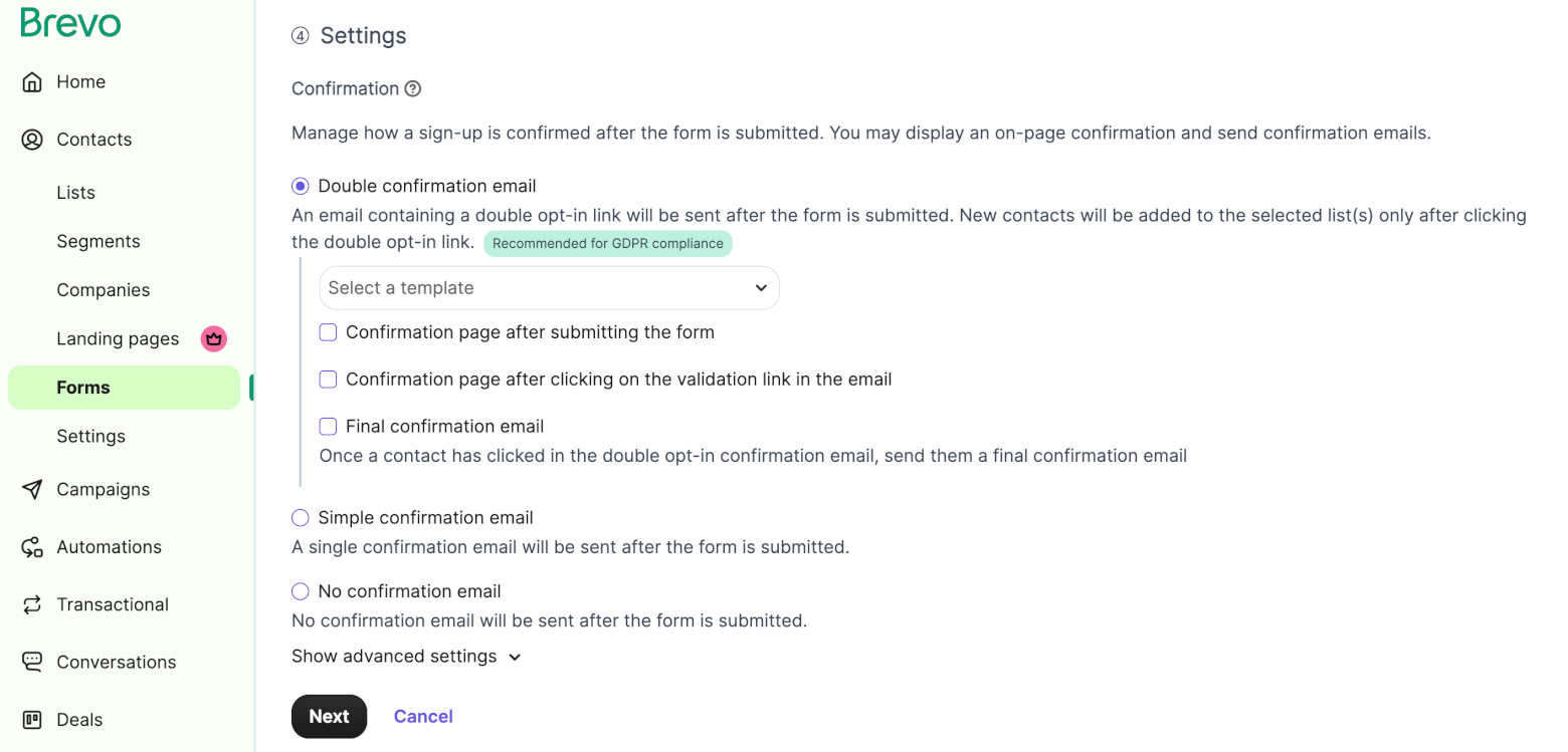 brevo double opt in settings