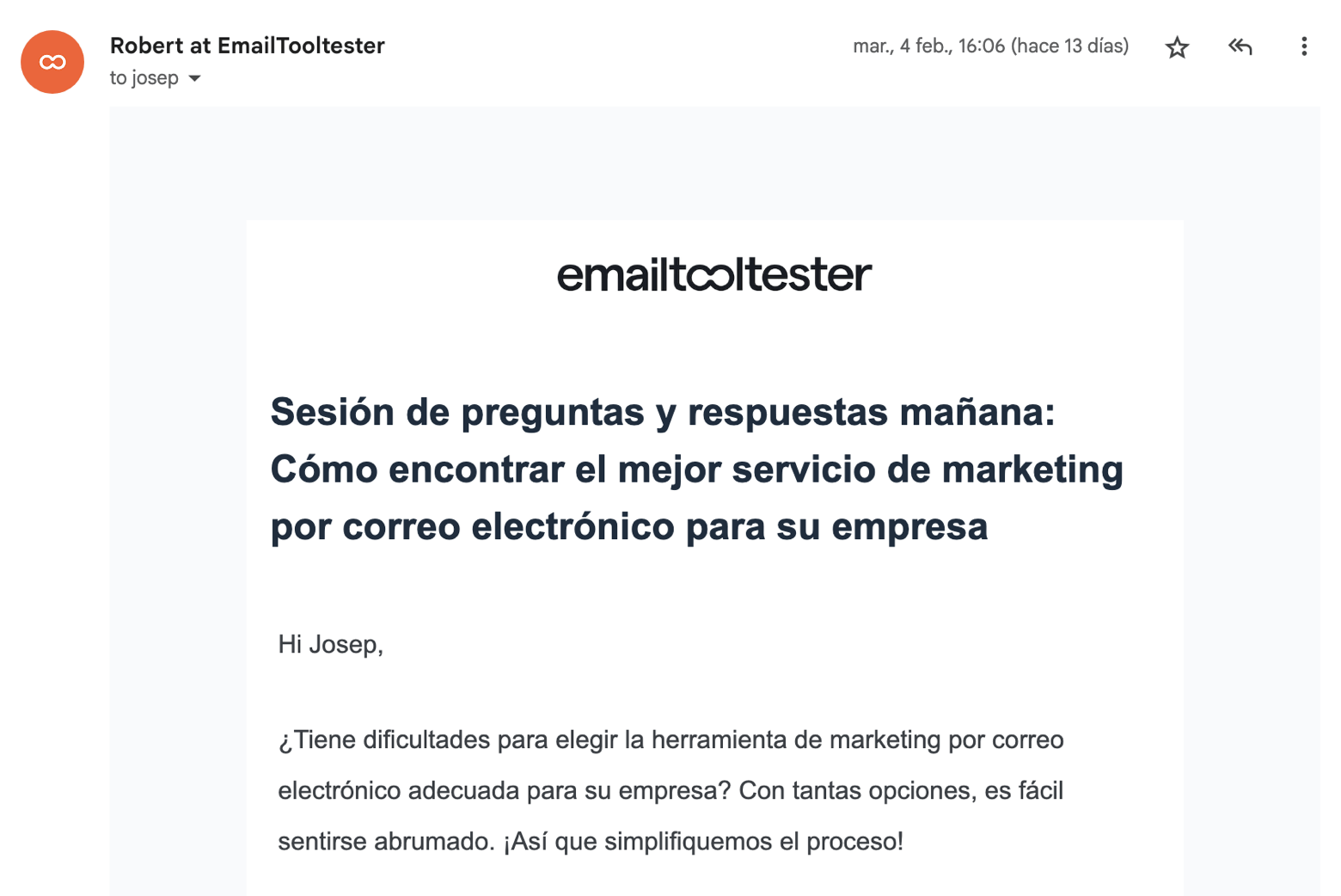 Ejemplo de email directo de EmailTooltester.com