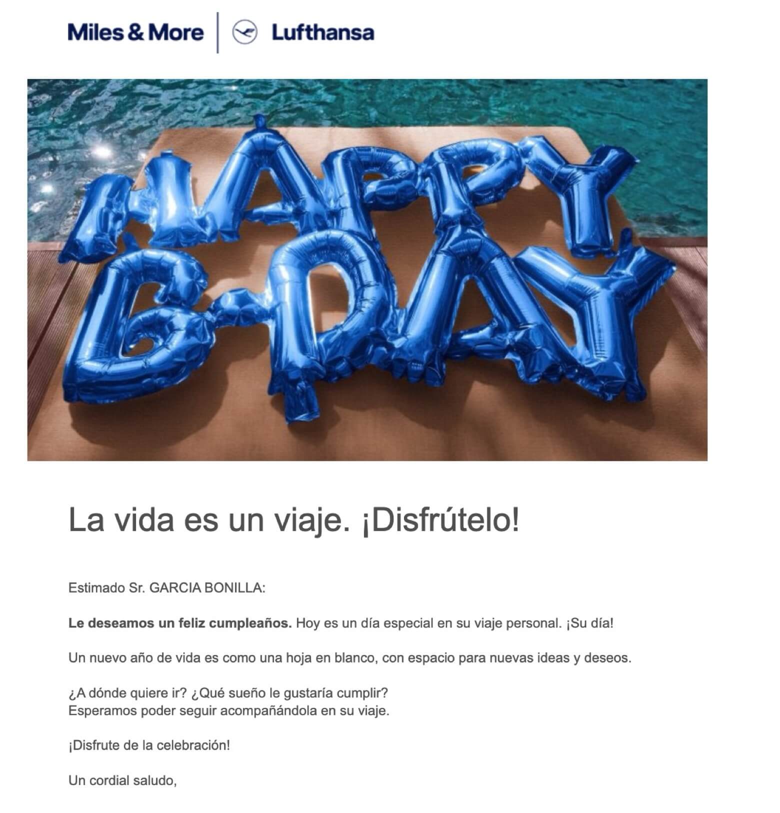 Ejemplo de email para celebrar un hito de Miles&More