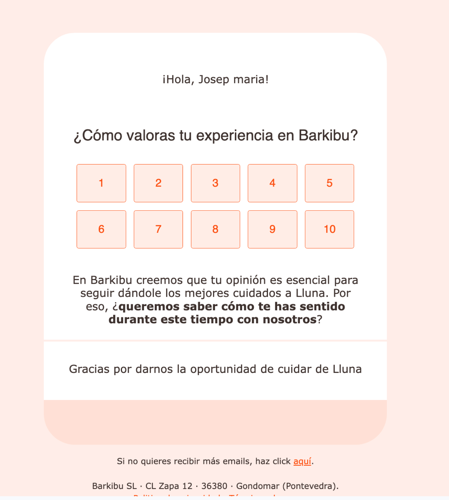 Ejemplo de email post compra de Barkibu