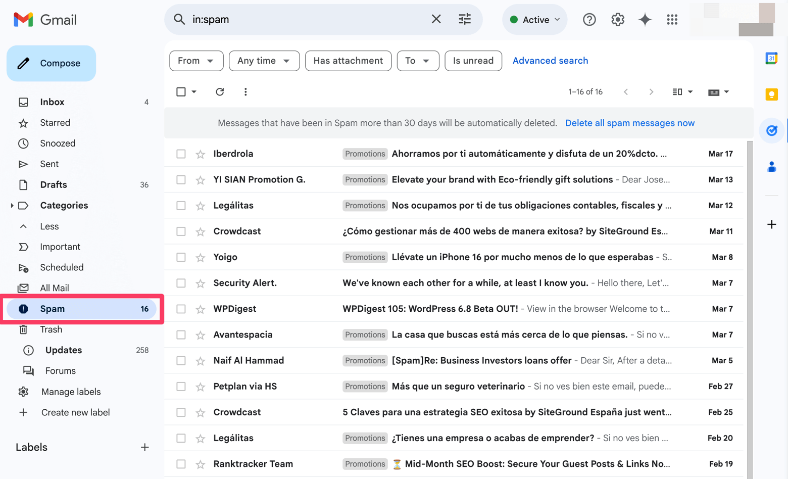 Ejemplo de mi carpeta de Spam