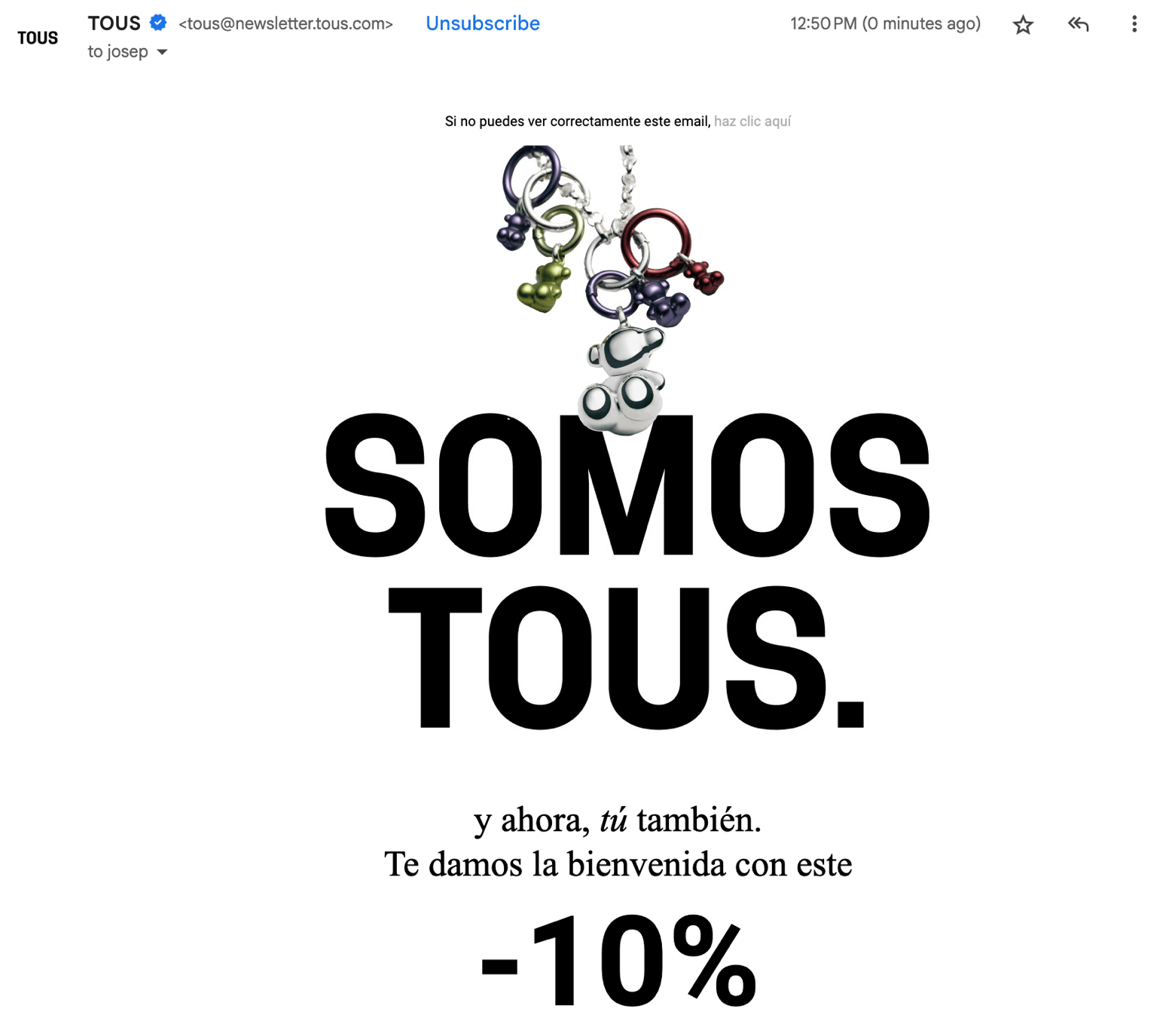Ejemplo del email de bienvenida de la marca Tous