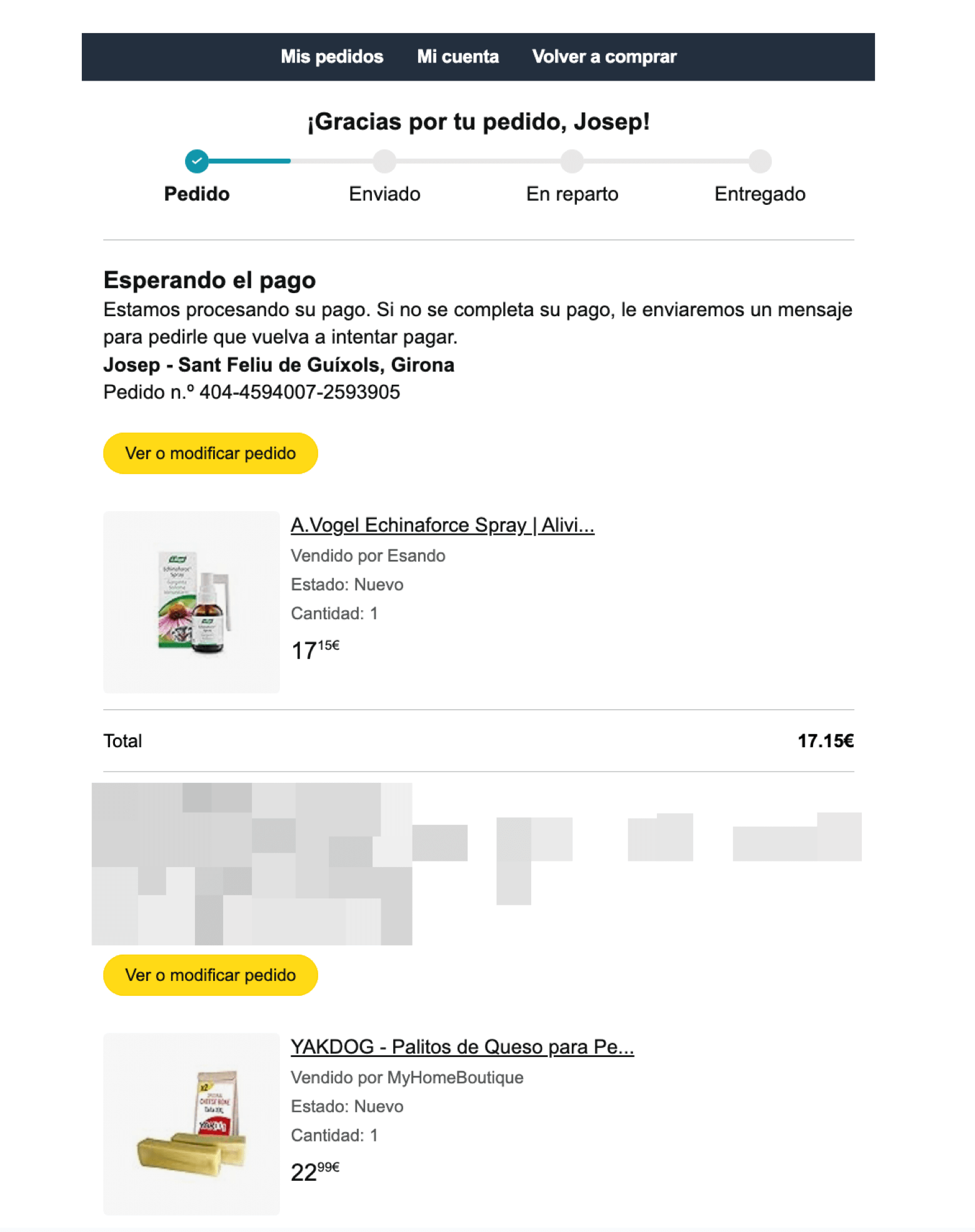 Email dando las gracias de Amazon