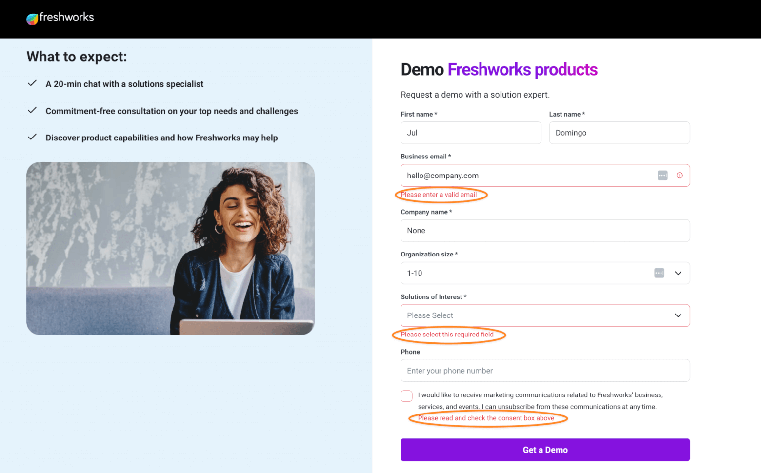 Freshworks' lead generation landing page