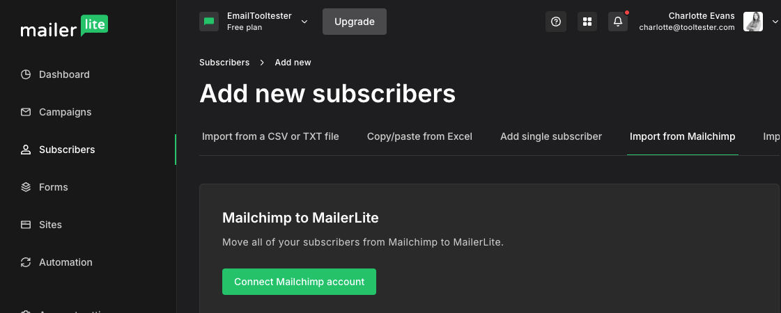 mailchimp to mailerlite import option 
