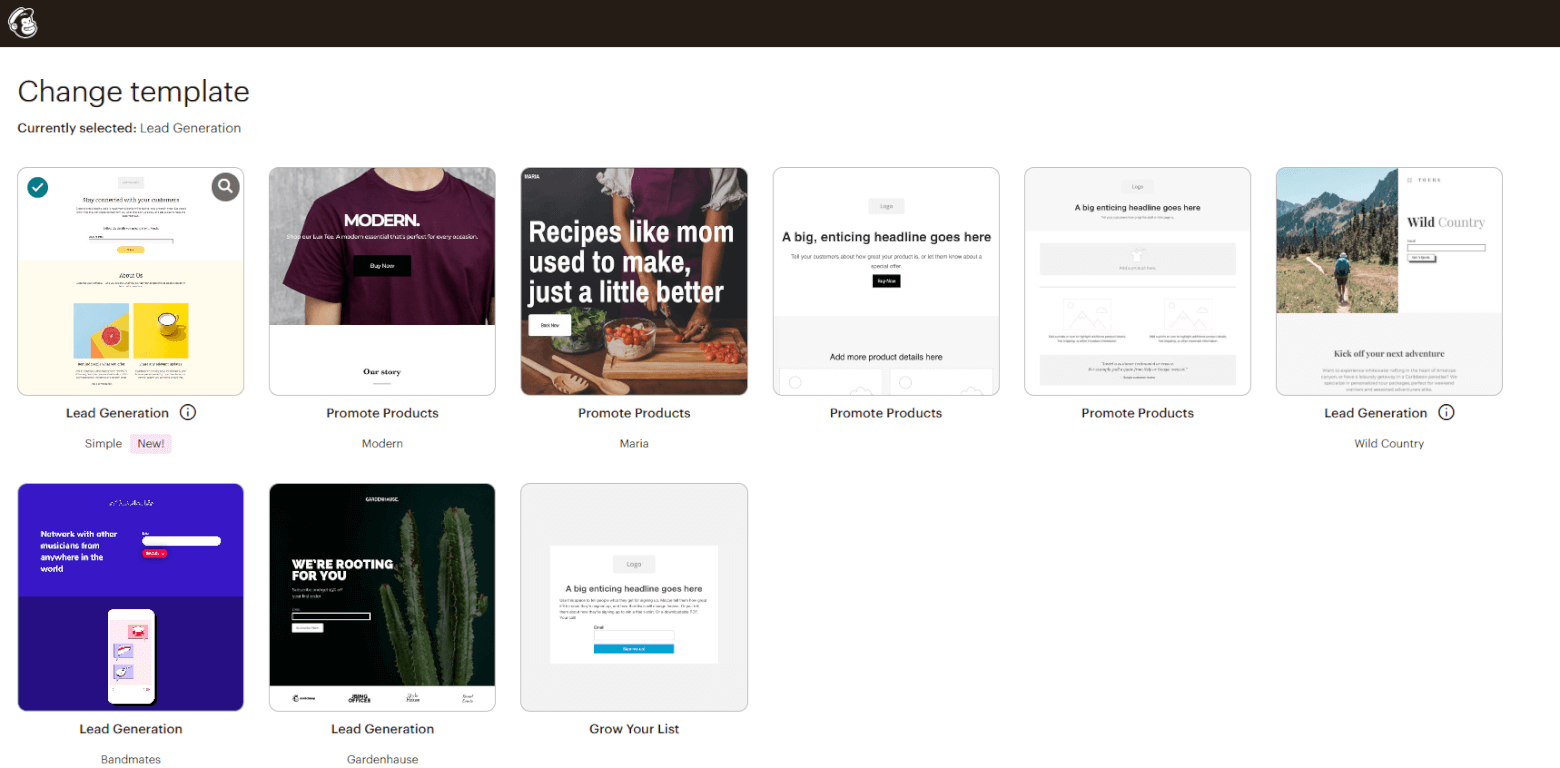 MailChimp's landing page templates