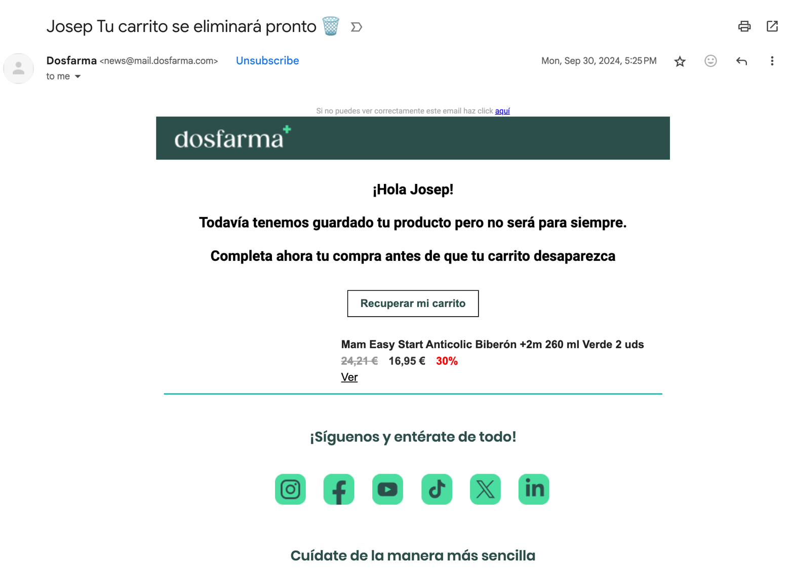 Un email de recuperación de carrito que recibí de una farmacia online
