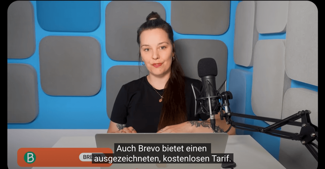 beispiel untertitel "auch brevo bietet einen ausgezeichneten, kostenlosen tarif" in unserem emailtooltester youtube video