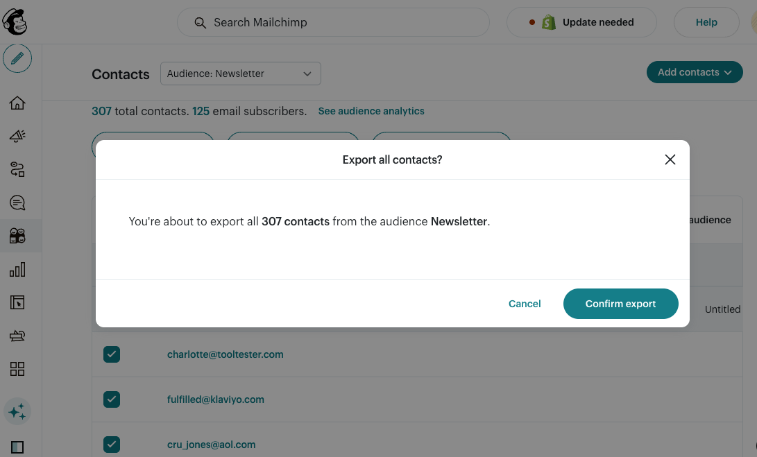 exporting contacts from Mailchimp