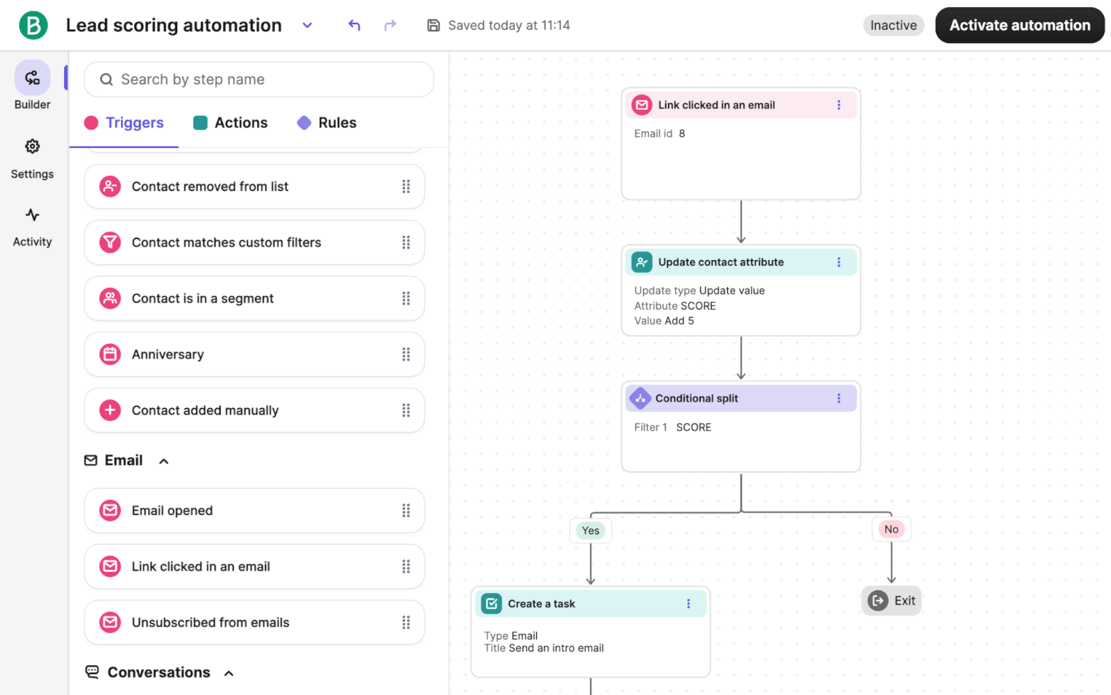 brevo lead scoring automation