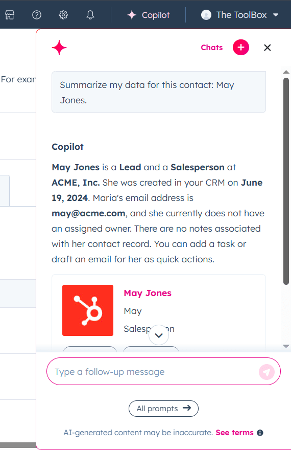 HubSpot CRM Breeze Copilot helping to summarize a contact's data