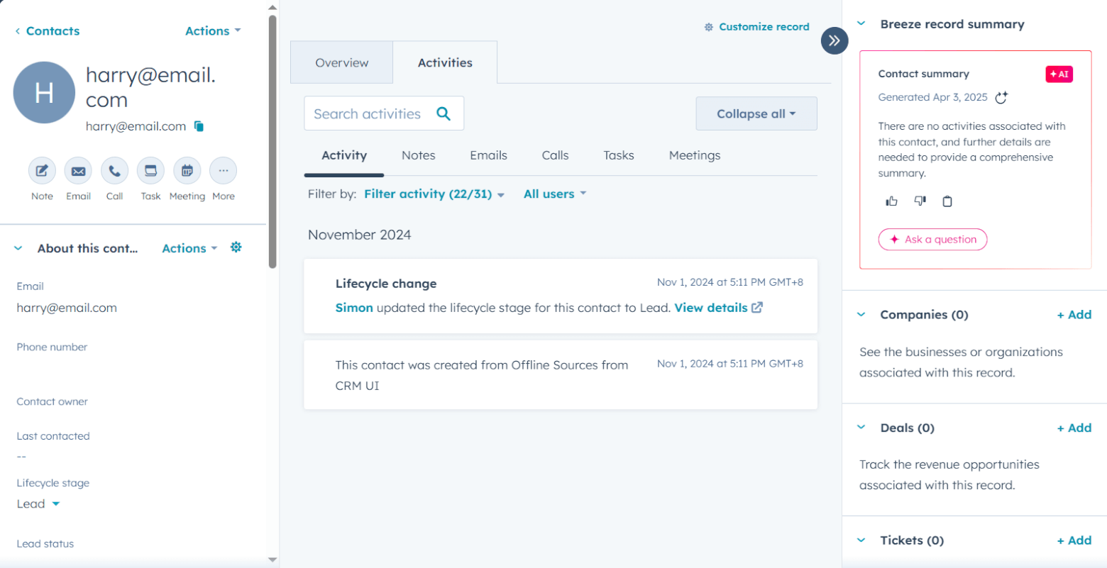 HubSpot CRM contact record's "Activities" tab