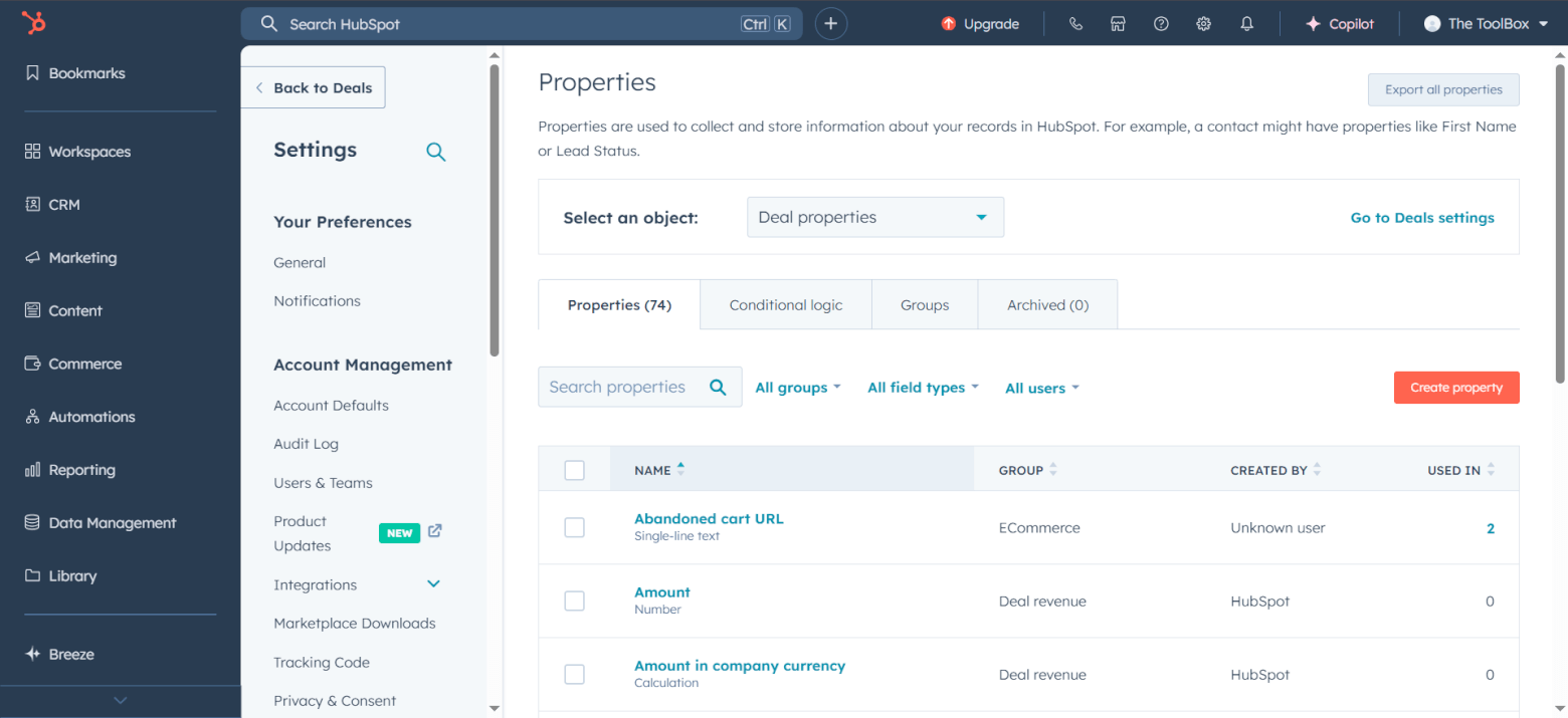 HubSpot CRM deal property settings