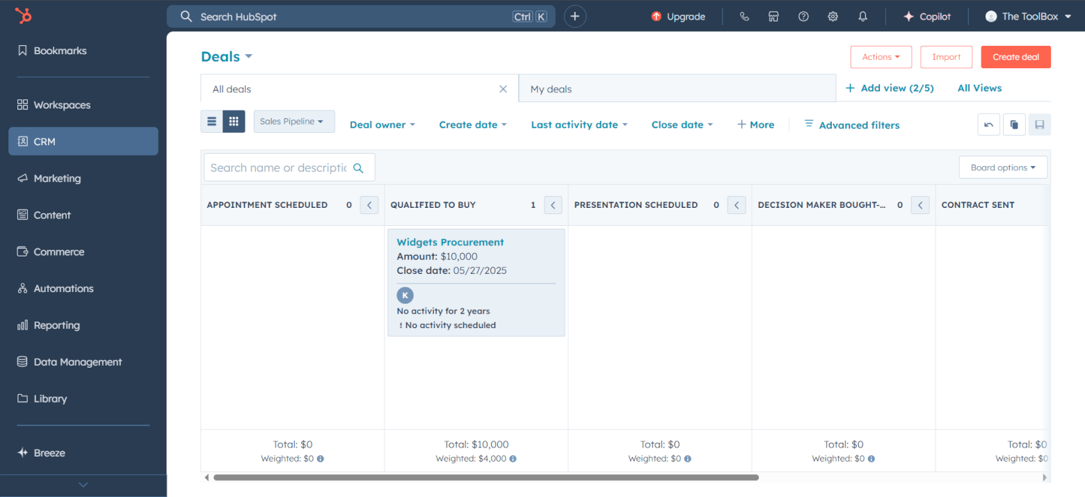 HubSpot CRM kanban pipeline management