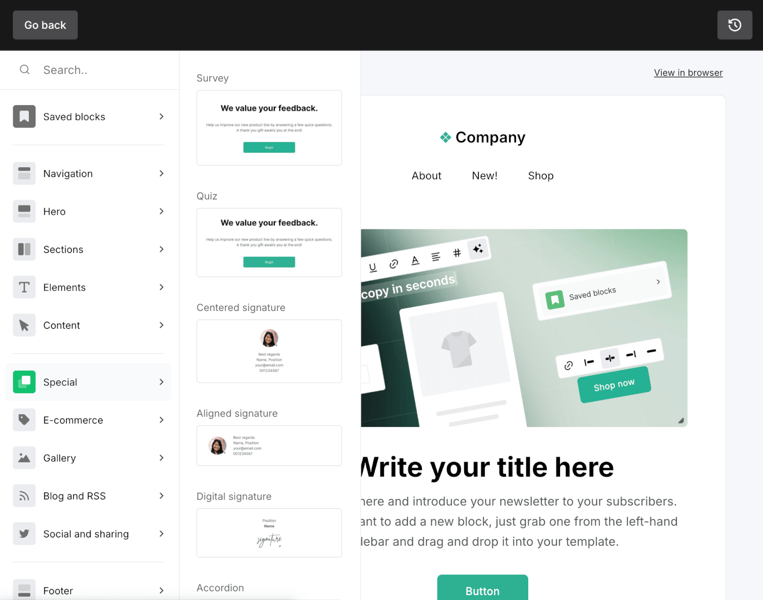 mailerlite email editor with visual blocks