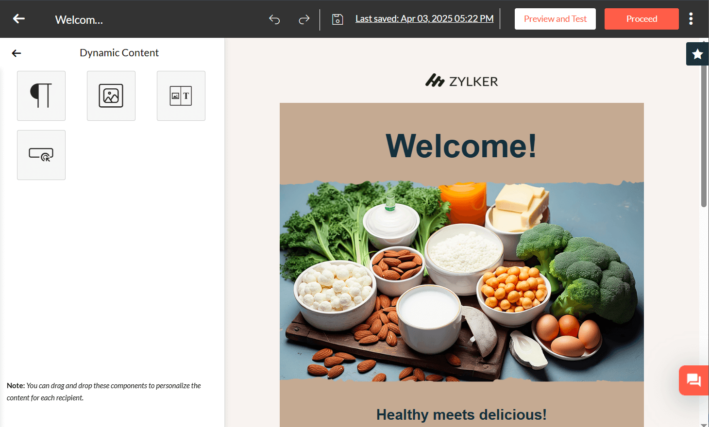 Zoho Campaigns email builder's dynamic content settings