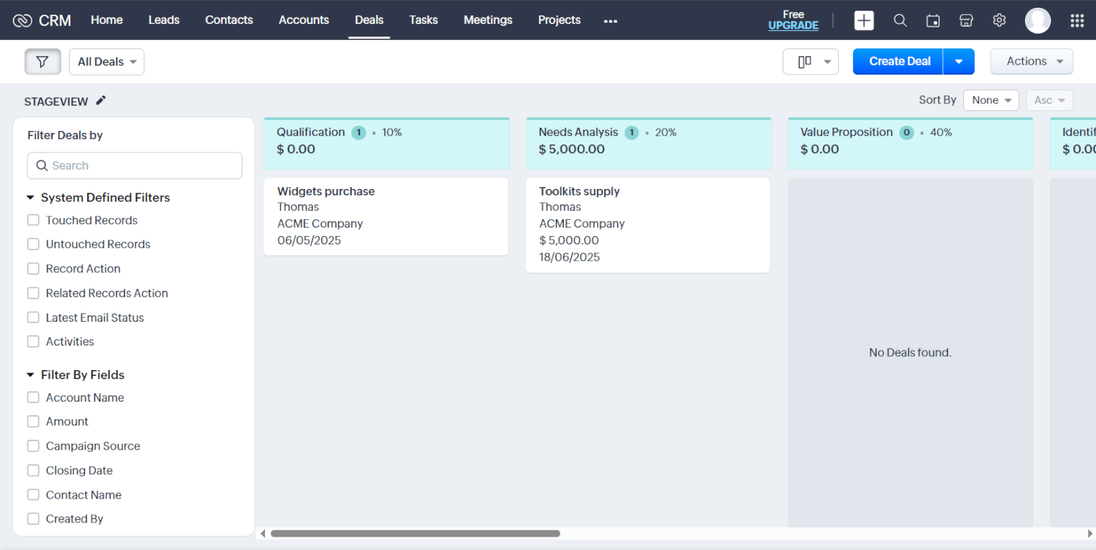Zoho CRM kanban pipeline management