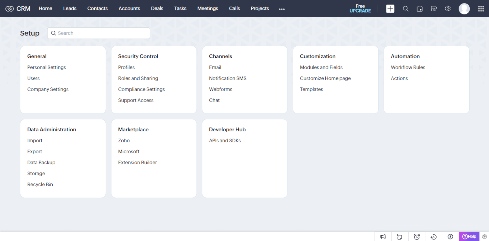 Zoho CRM Setup interface