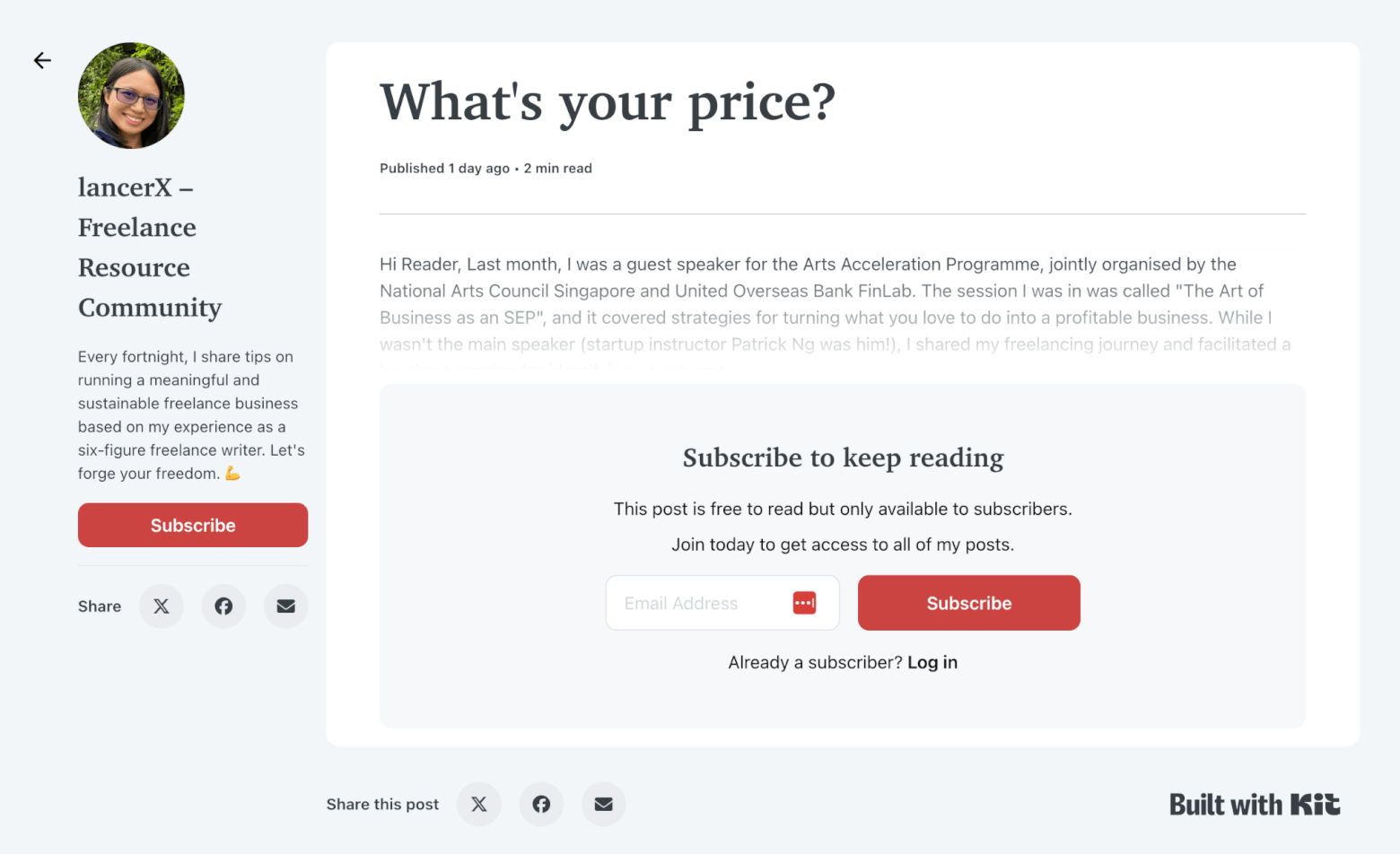 EmailTooltester’s Siew Ann Tan sends her weekly lancerX freelancing newsletter via Kit, and also publishes it on Kit’s Creator Network