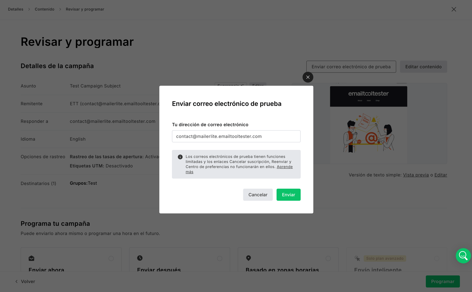 Enviar emails de prueba con MailerLite