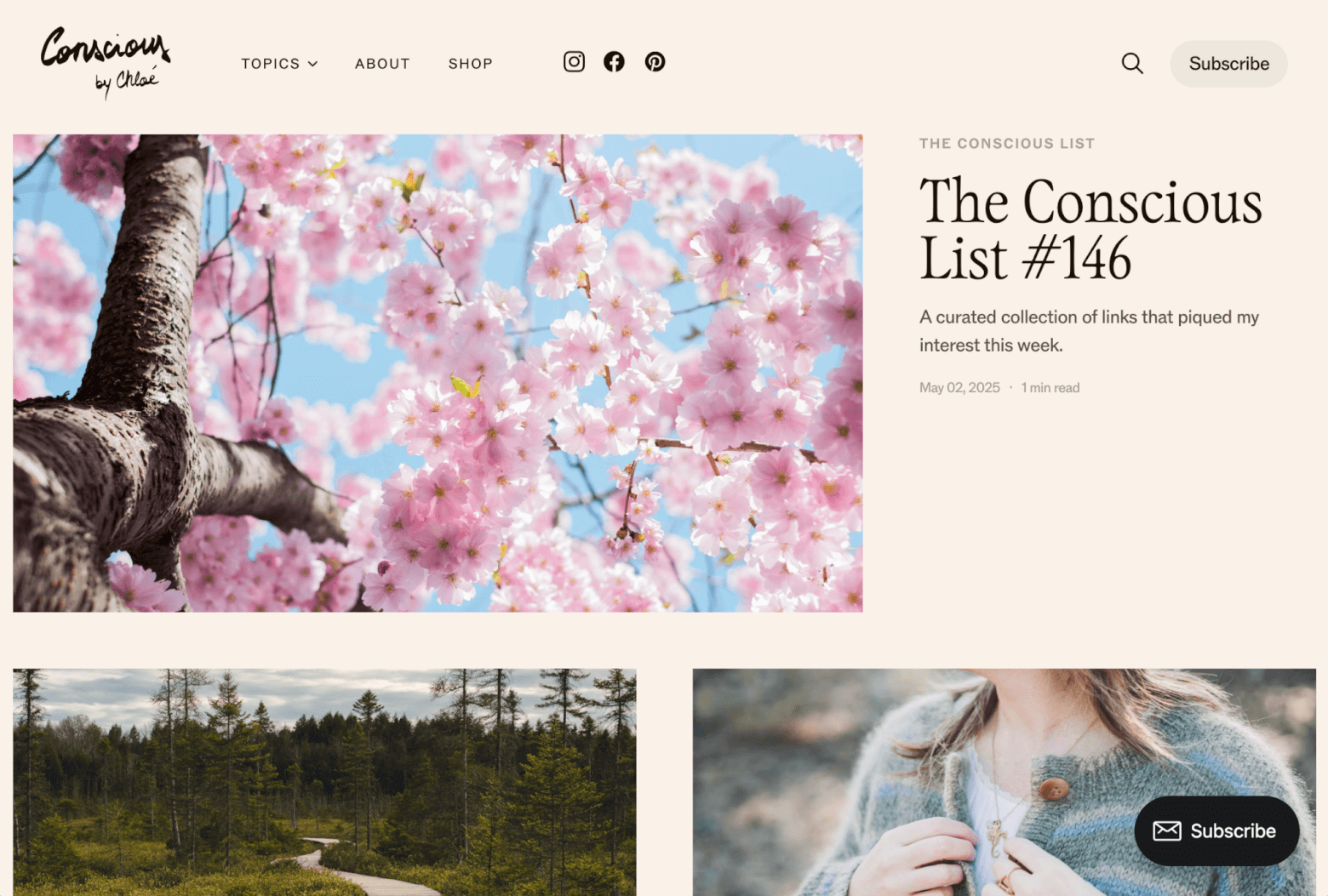 Ghost gives you more control over your design than Substack, allowing you to create a unique look and feel for your publication, like mindful living blog Conscious by Chloé has done