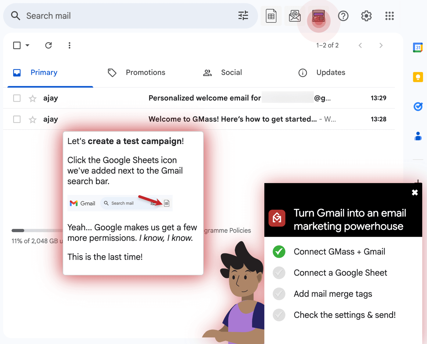 Gmass onboarding flow inside Gmail