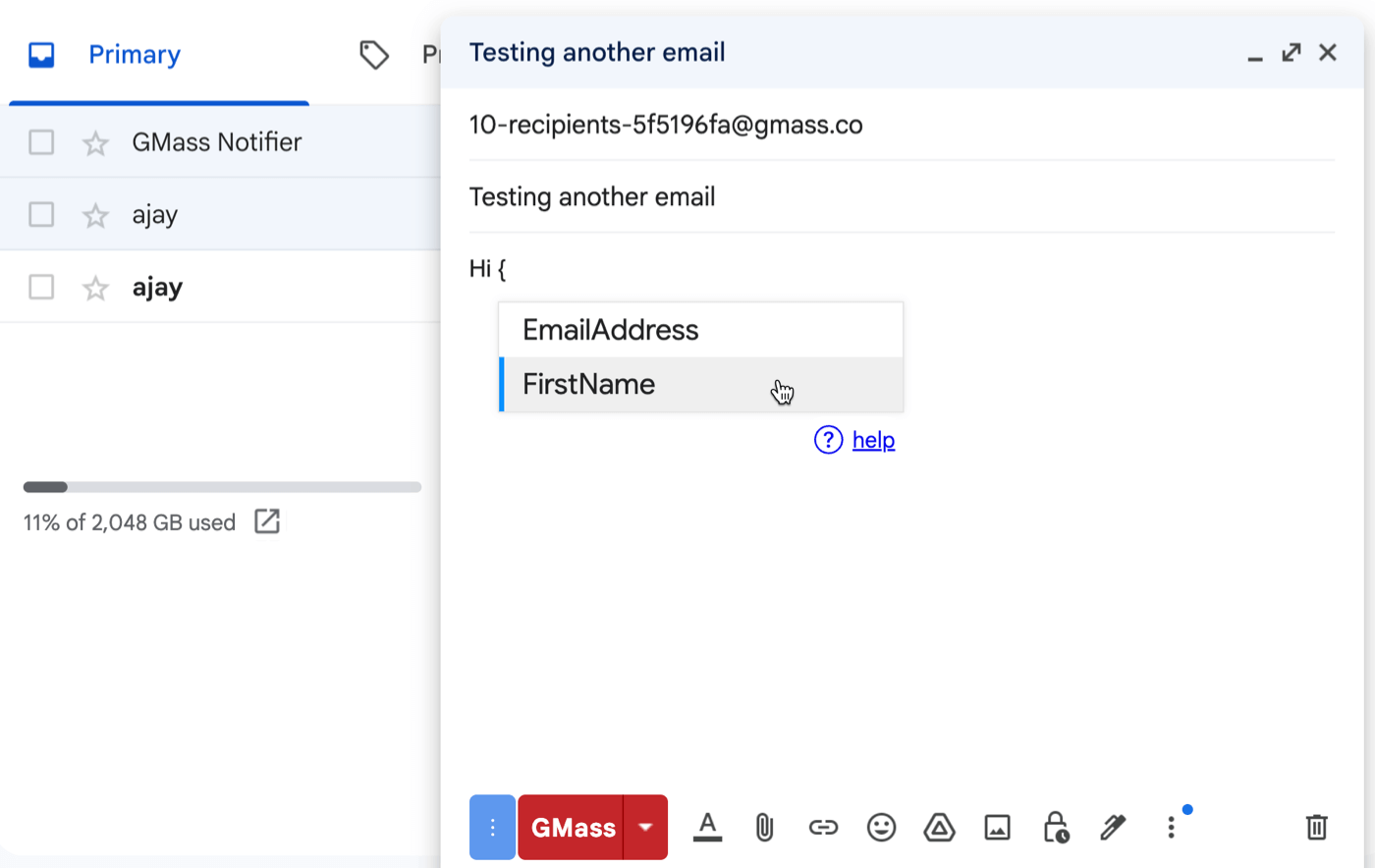 gmass personalization in email