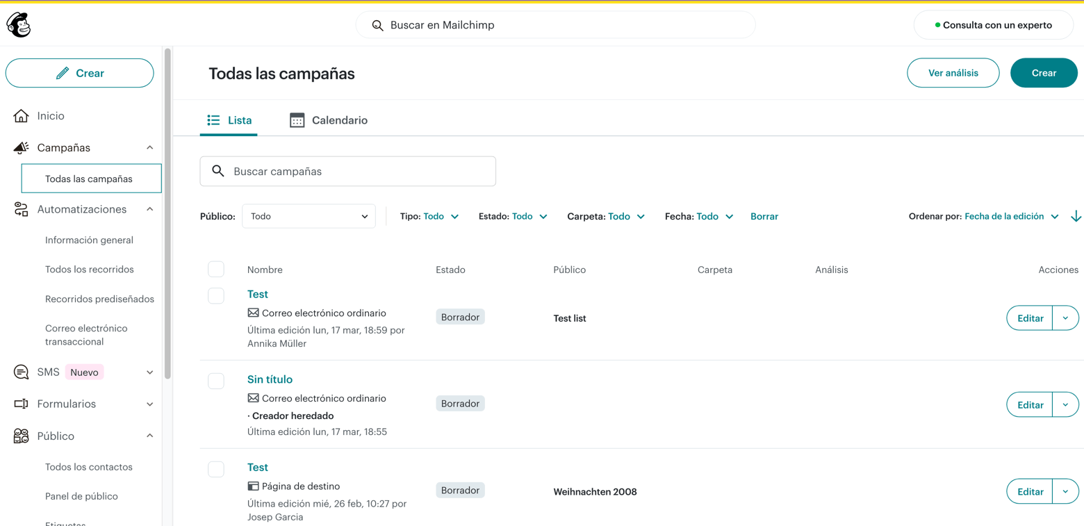 La interfaz de Mailchimp