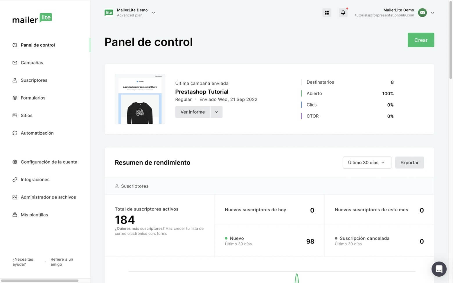 La interfaz de MailerLite