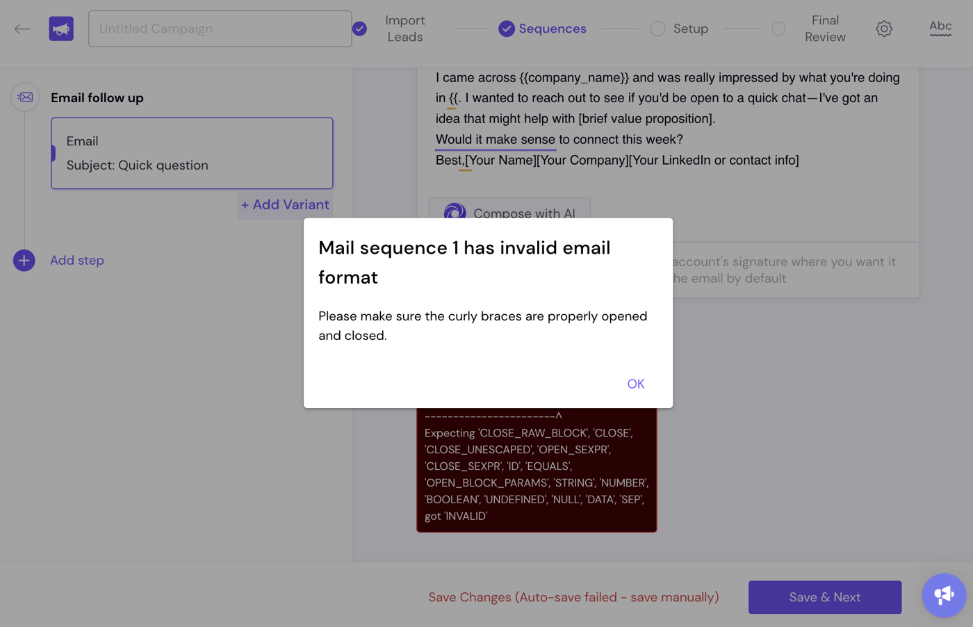 Smartlead email sequence builder showing an error