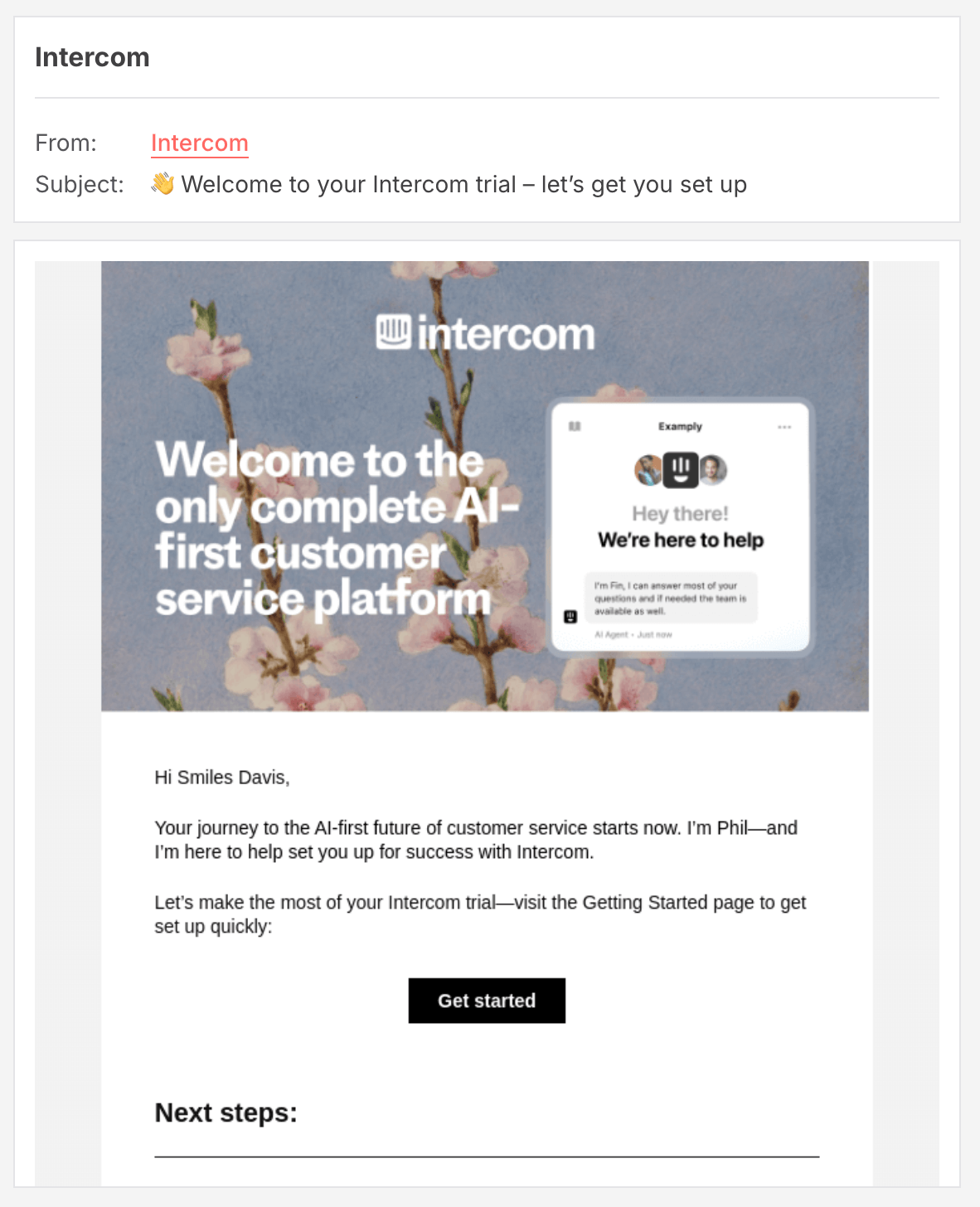 Subject line: Welcome to your Intercom trial - let's get you set up