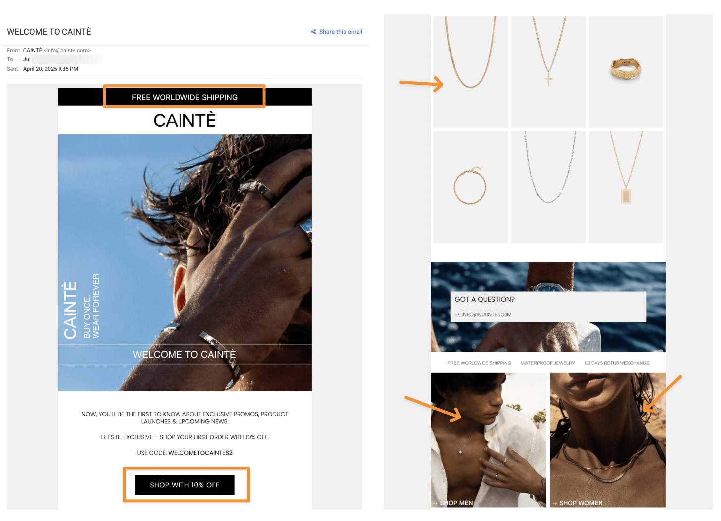 Caintè welcome email