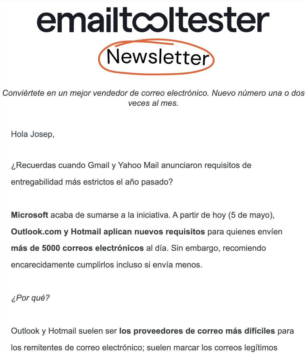 Ejemplo de newsletter de EmailTooltester.com