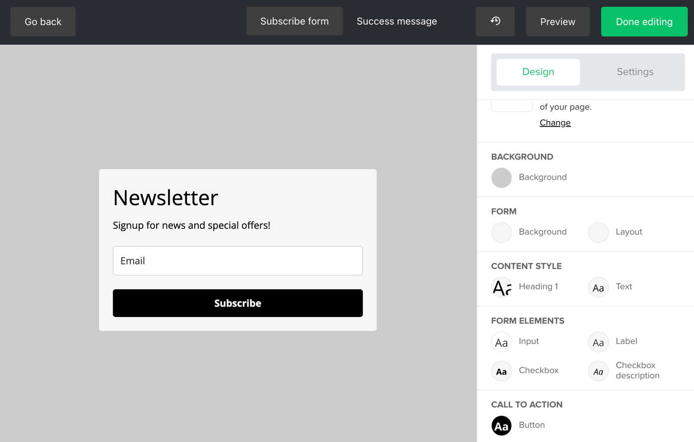 MailerLite registration form editor